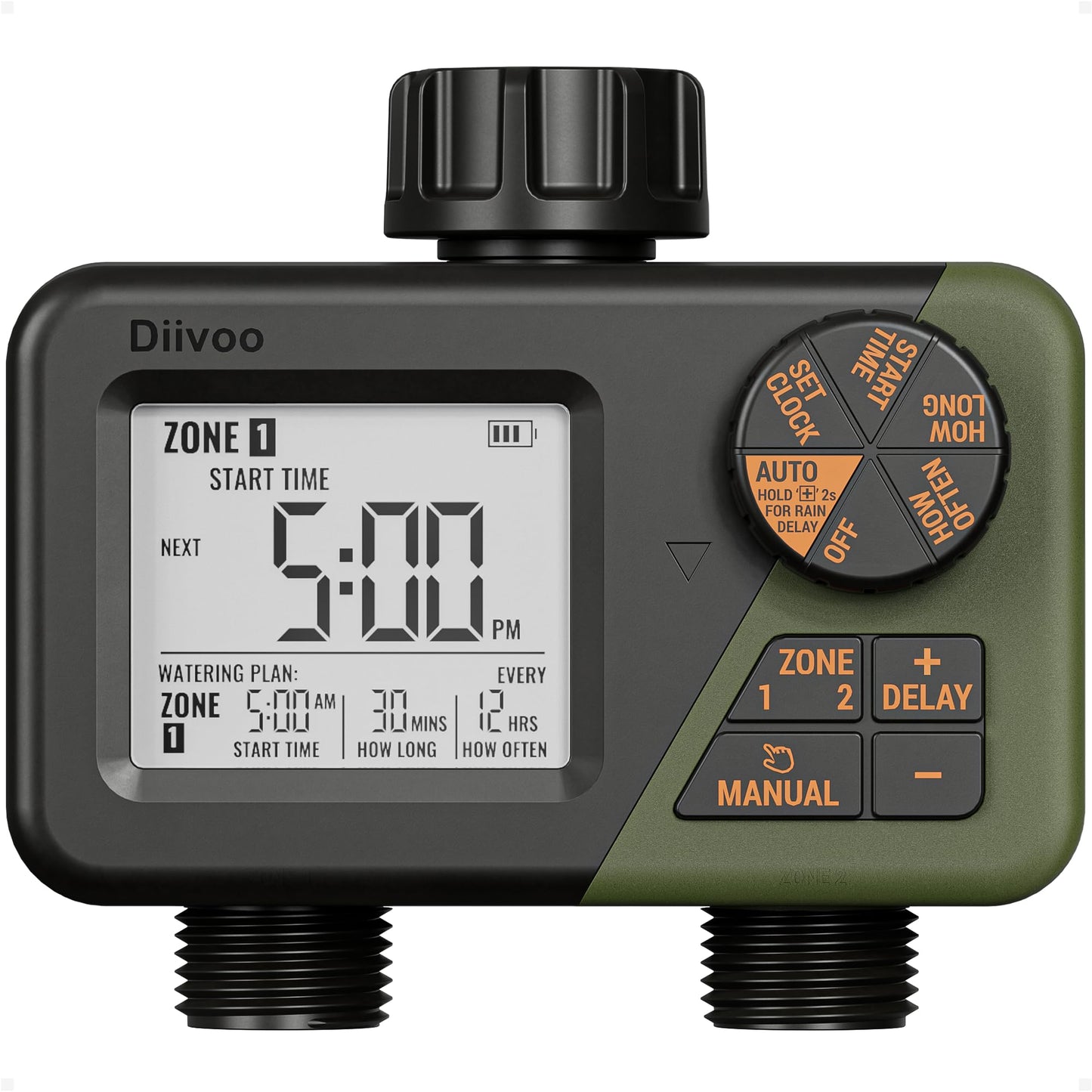 Diivoo Sprinkler Timer 2 Zone, Programmable Water Hose Timer 2 Outlet for Garden, Automatic Irrigation Timer IPX5 with Rain Delay/Manual, Outdoor Hose Timer Controller for Lawn, Yard, Pool