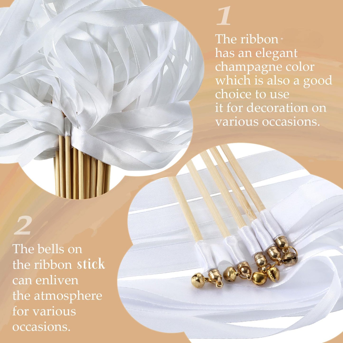 Chalyna 100 Pieces Lace Ribbon Wedding Sticks Colorful Ribbon Streamers Party Streamers with Bells Silk Fairy Stick Wands for Wedding, Party, Holiday, Activities(White)