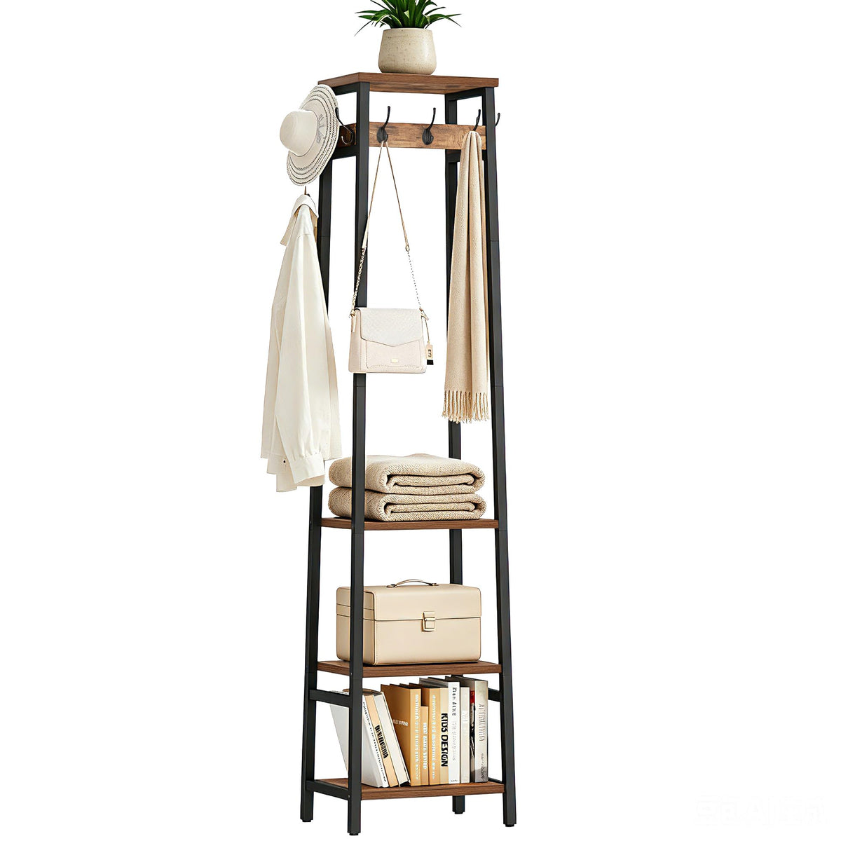 Cerlyunzan Coat Rack Freestanding, Coat Stand with 3 Shelves and 7 Hooks, Hall Tree Free Standing, Clothes Rack Stand Organizer for Bedroom, Hallway, Entryway, Living Room, Rustic Brown and Black