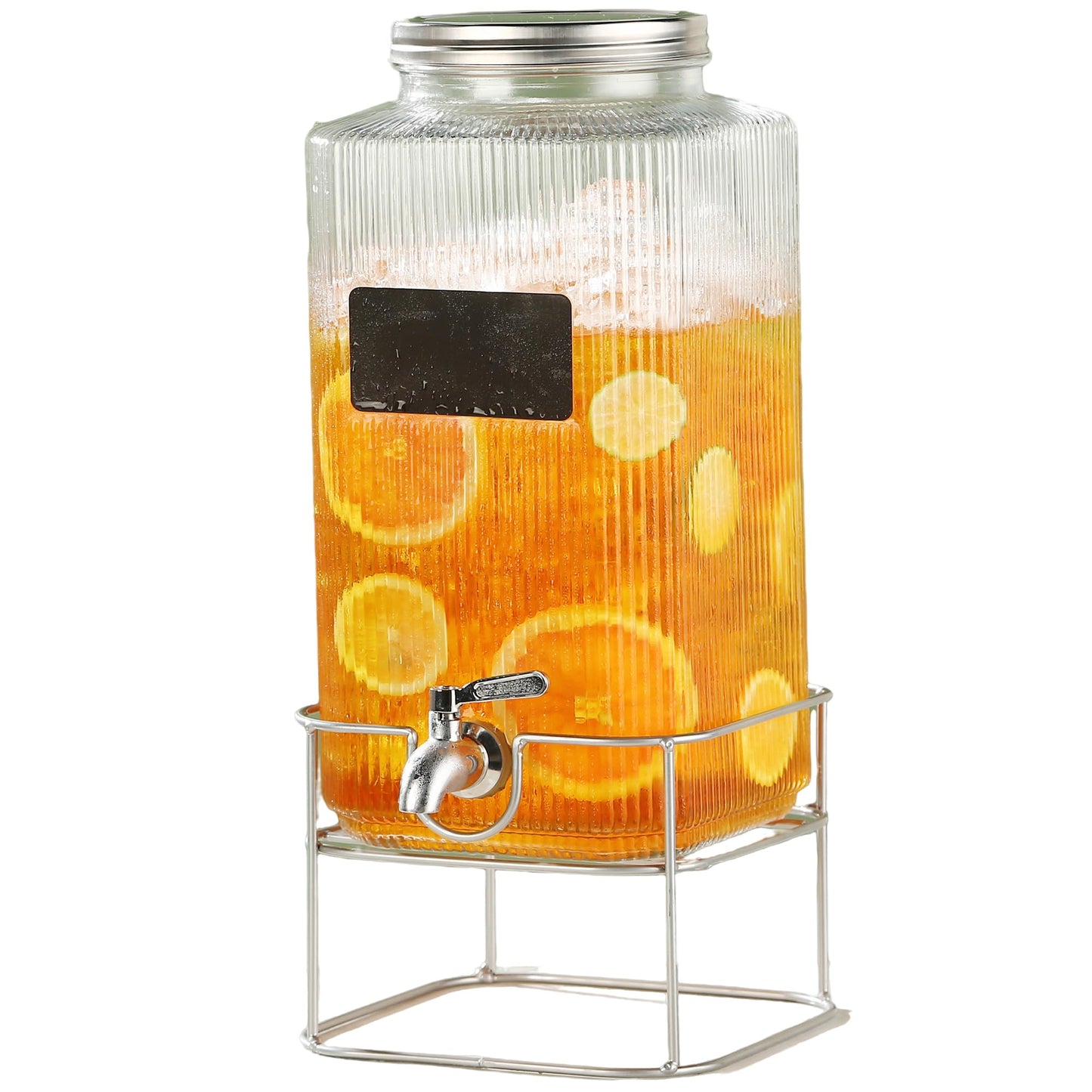 Lulonpon 6L(1.6 Gallon) Glass Drink Dispenser, Beverage Dispenser with Stainless Tap, Glass Water Juice Dispensers with Metal Stand, Water Jug with Tap Perfect for Parties, Weddings, Birthdays