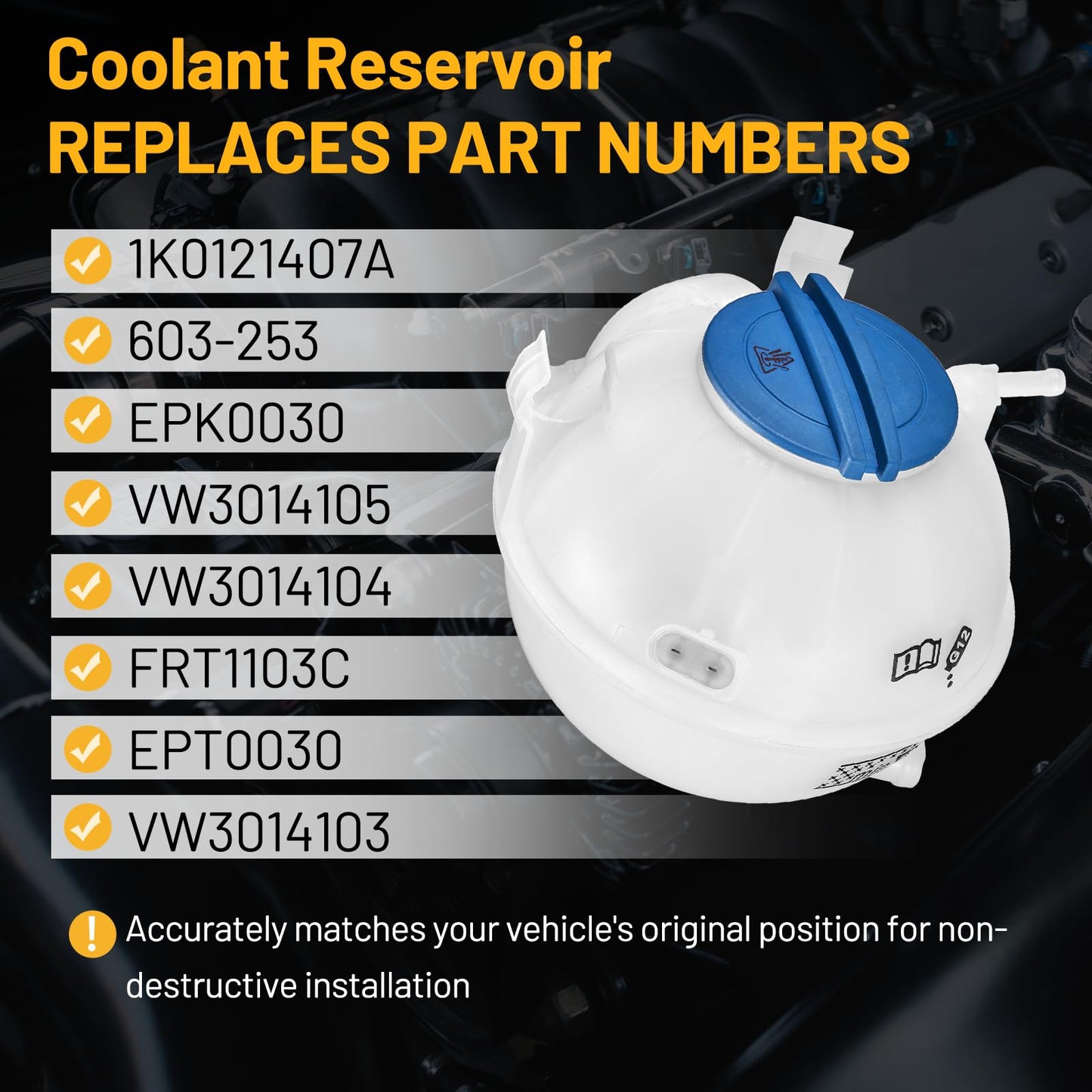 SYKRSS Coolant Reservoir Tank 1K0121407A Compatible with Volkswagen VW CC Passat Jetta Beetle Compatible with Audi A3 Q3 TT RS TTS Quattro Replace 603-253 Engine Coolant Reservoir with Cap