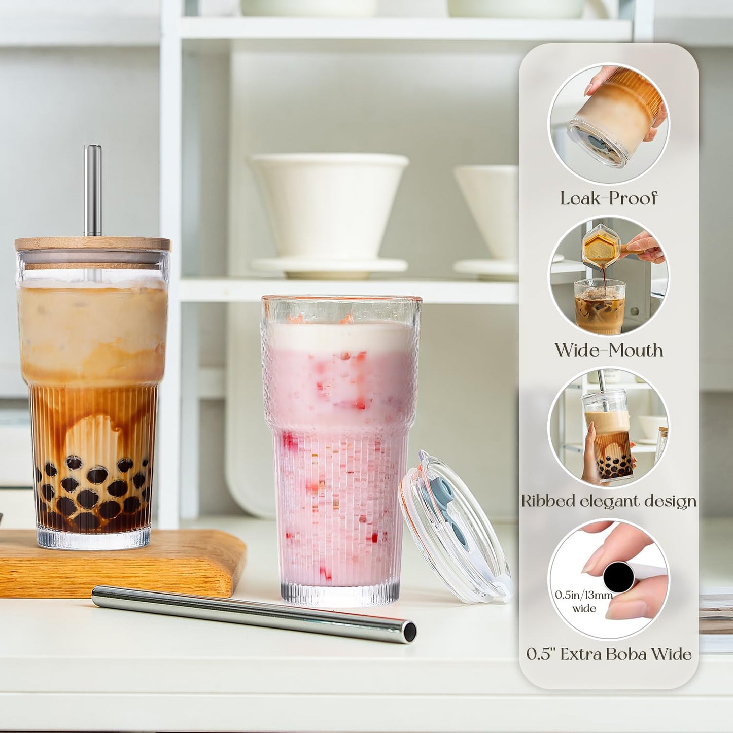 KEMORELA 20oz Ribbed Glass Tumblers with Reusable Stainless Steel Straws, Bamboo & Leak-Proof Dual Lids, Extra-Wide 13mm straw, 4Pc Vintage Drinking Glasses for Boba,Iced Coffee, Smoothies,Travel Cups