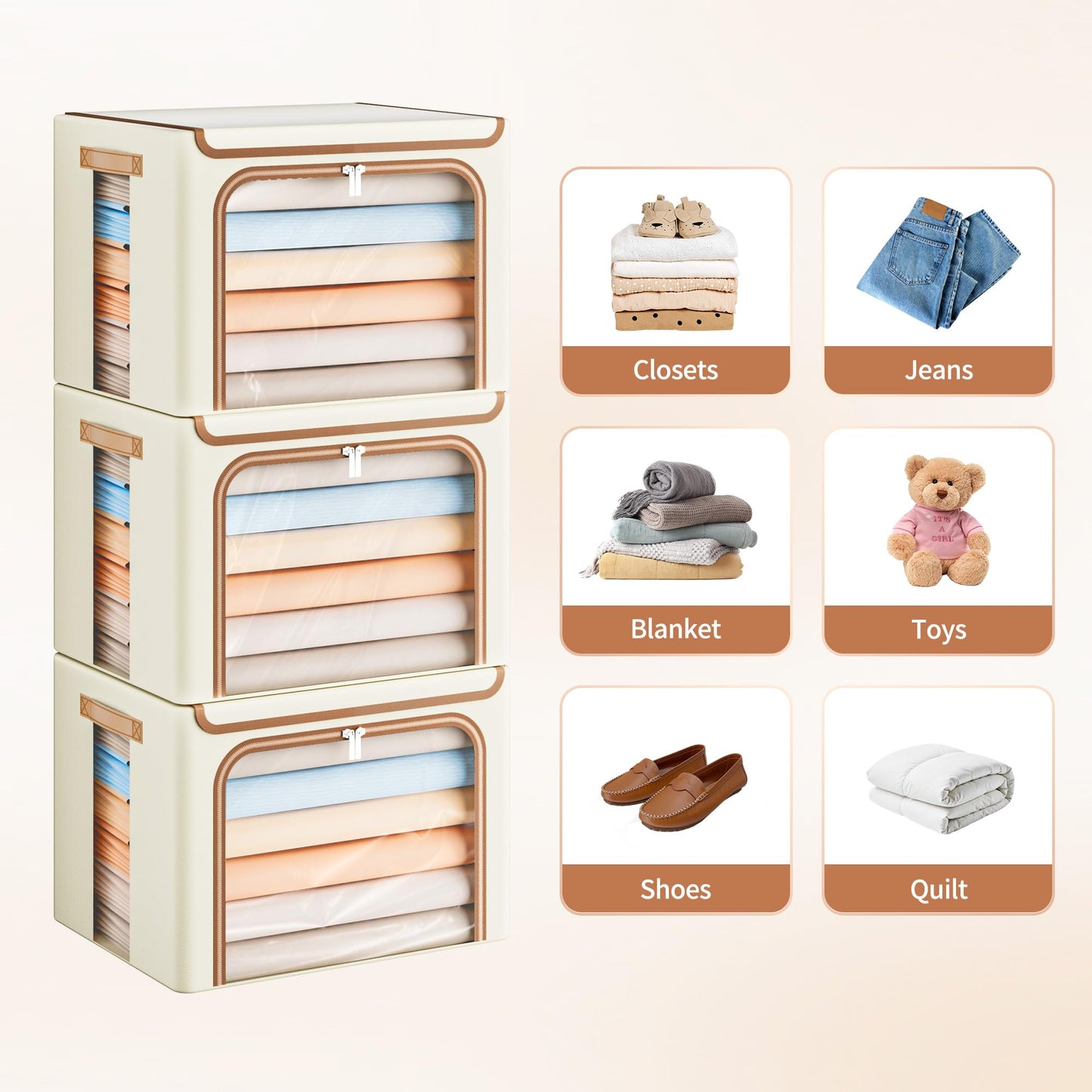 Yecaye 3 Pack Clothes Organizer with Metal Frame, 40L Foldable Storage Cabinet for Clothes, Stackable Metal Frame Storage Box with Lid, Linen Fabric Box Organizer with Clear Window, PU Handles,Beige