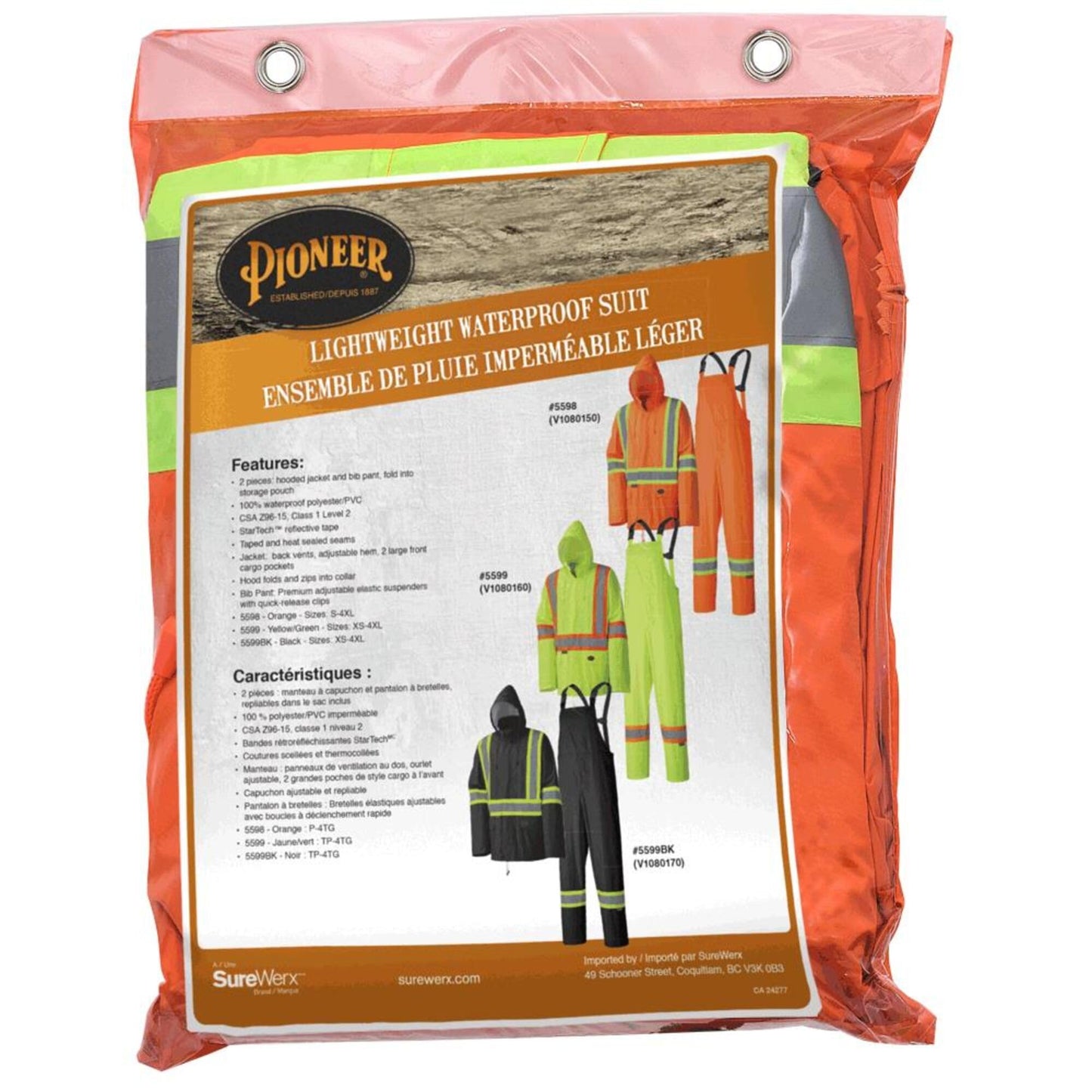 Pioneer Hi Vis Waterproof Lightweight Rainsuit - Work Safety Hooded Jacket and Bib Pants - Adjustable Pant Length - Hi Vis Orange