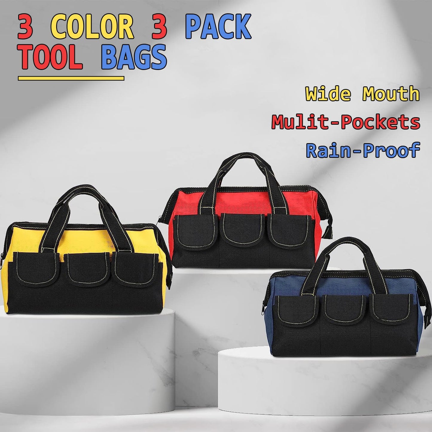 Tool Bag 13 Inch, 3 Pack Tool Bags For Men With Waterproof Hard Bottom, Heavy Duty Tool Bag Wide Mouth Tool Tote for Various Tools, Electrician Carpenter Mechanic