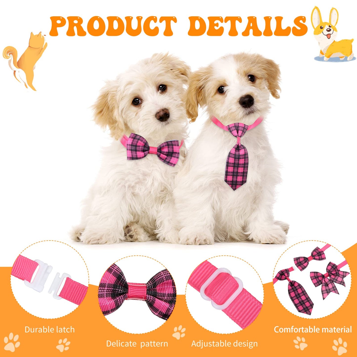 Reginary 100 Pieces Dog Bow Tie Collar Set Include 40 Dog Neckties, and 30 Puppy Bowties, 30 Collar Flowers, Adjustable Pet Ties Grooming for Small Medium Cats Pets Supply(Plaid)