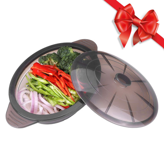 Microwave Steamer Cooker Collapsible Bowl-Silicone Steamer Cookware with Handle Lid for Vegetables Fish Prep Meal Food with Removable Rack BPA Free, Easy to Store, Freezer & Dishwasher Safe
