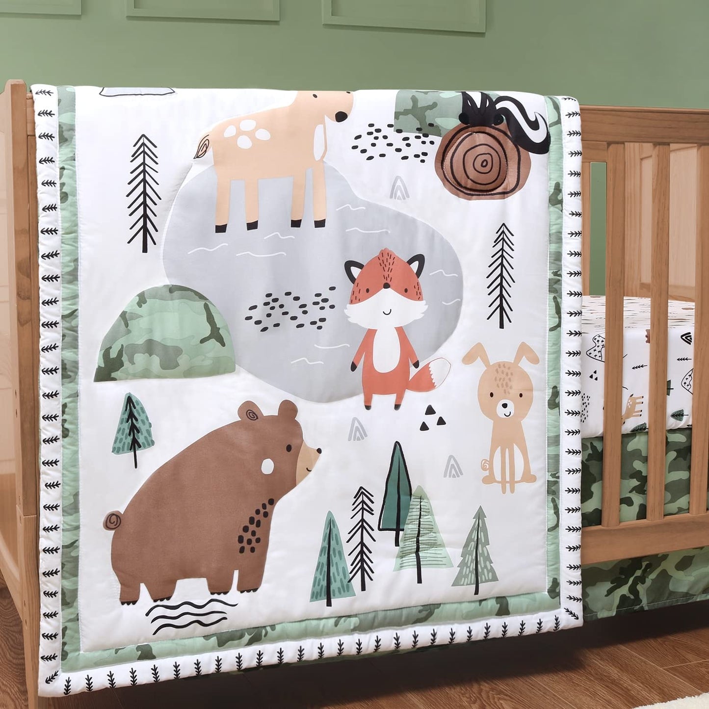 The Peanutshell 3 Piece Baby Crib Bedding Set for Boys - Newborn, Infant & Toddler Nursery Bed Set Decor with Fitted Crib Sheet, Dust Ruffle Comforter - Woodland Camo
