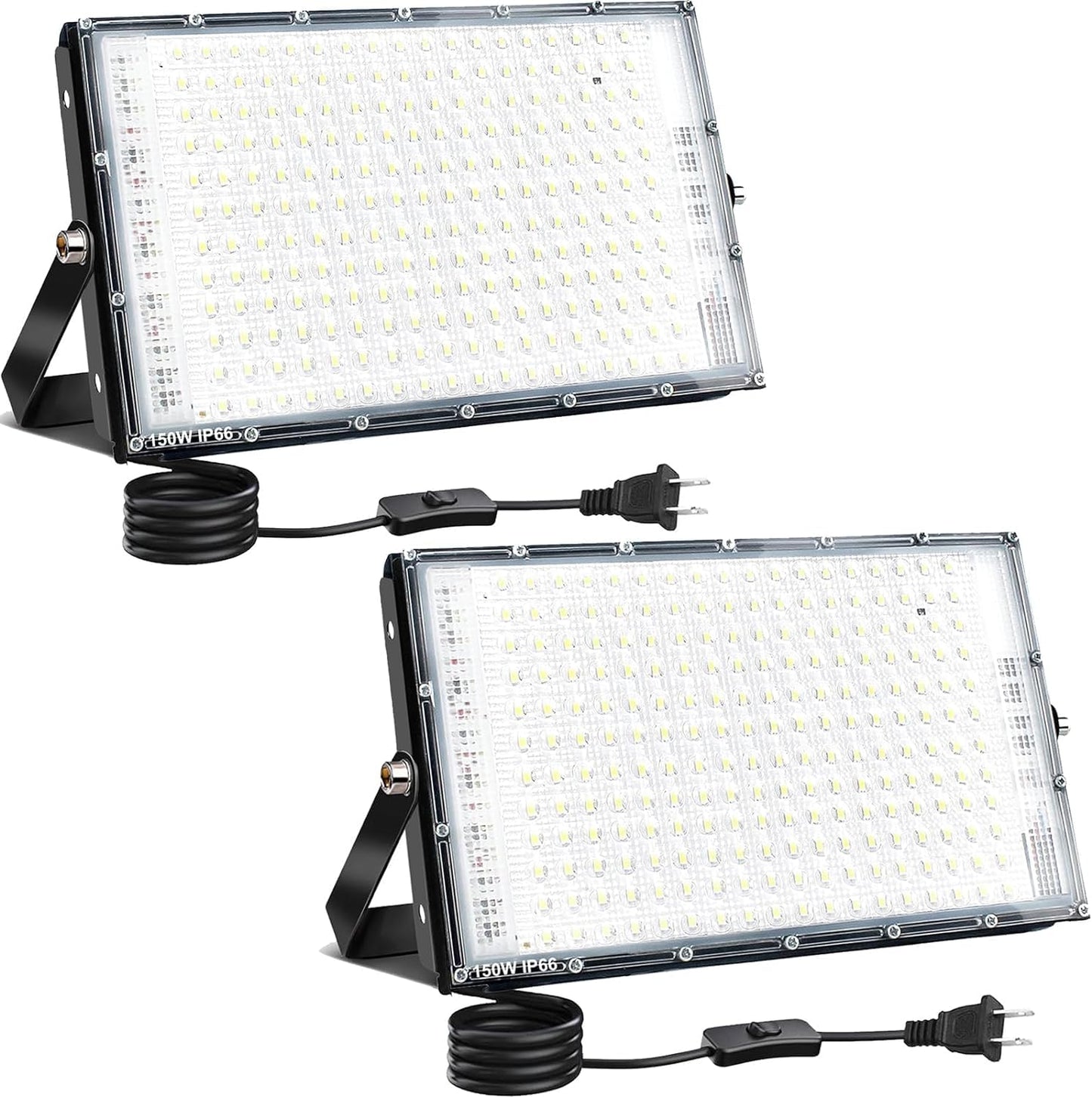 LED Flood Lights Outdoor, 2 Pack 150W 15000LM Super Bright Exterior Floodlight, IP65 Waterproof LED Work Light, 6500K Daylight White, Plug in Flood Light Outdoor for Yard, Garden, Lawn, Backyard