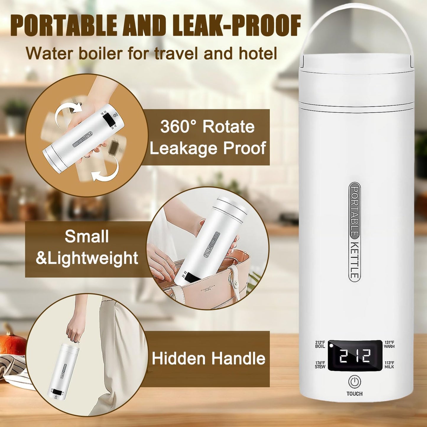 Portable Electric Kettle, Electric Travel Kettle With 4 Smart Tempe Preset, Mini Tea Kettle Leakproof Coffee Kettle with Clean Brush and Auto Shut-Off