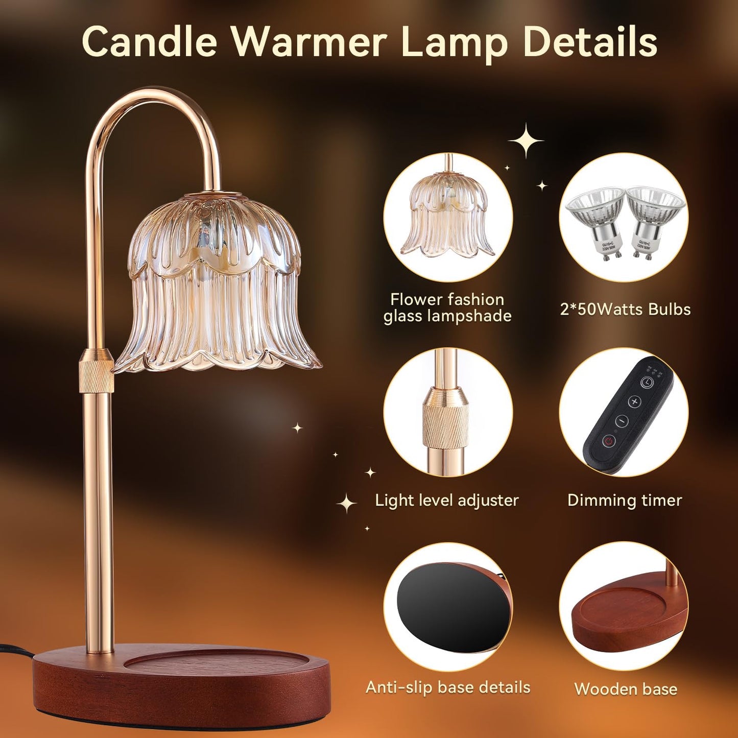Candle Warmer Lamp with Timer and Dimmer, Adjustable Height Electric Candle Warmer Flower Lamp Wax Melt Warmer for Jar Candles - Birthday Gifts for Women Mom Mother's Day Home Living Bedroom Decor