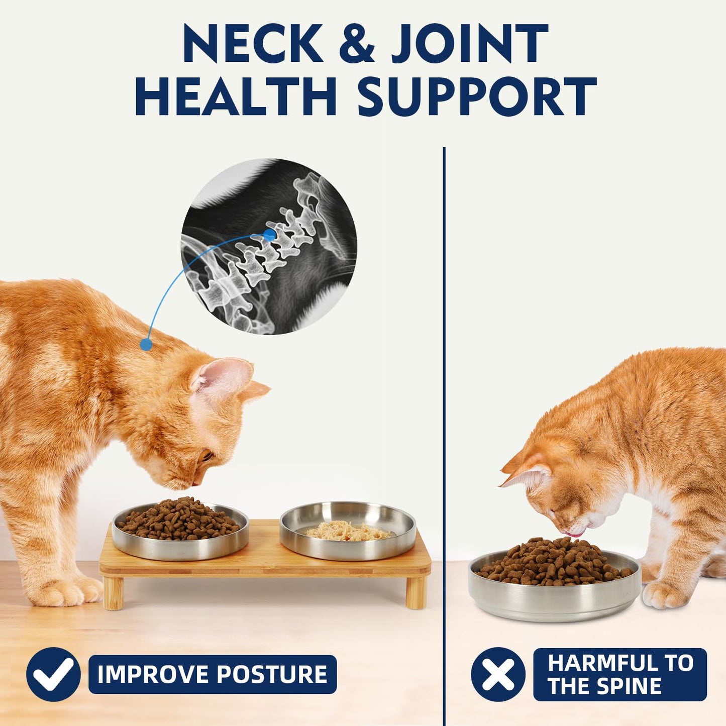 DoogCat Elevated Cat Bowls for Indoor Cats – Raised Bamboo Cat Food Table with 2 Stainless Steel Dishes, Adjustable Height (4.25"/3.07"), Whisker Friendly Feeding Station
