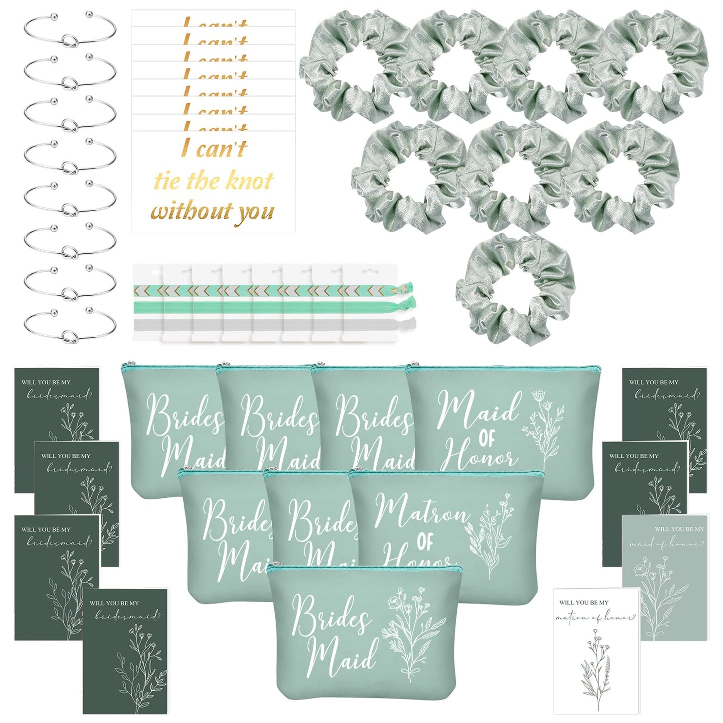 48 Pcs 8 Sets Bridesmaid Proposal Gifts Bulk Wedding Will You Be My Maid of Honor Matron of Honor Bridal Shower Makeup Bags Scrunchies Bracelets Cards for Wedding Bridesmaids(Green)