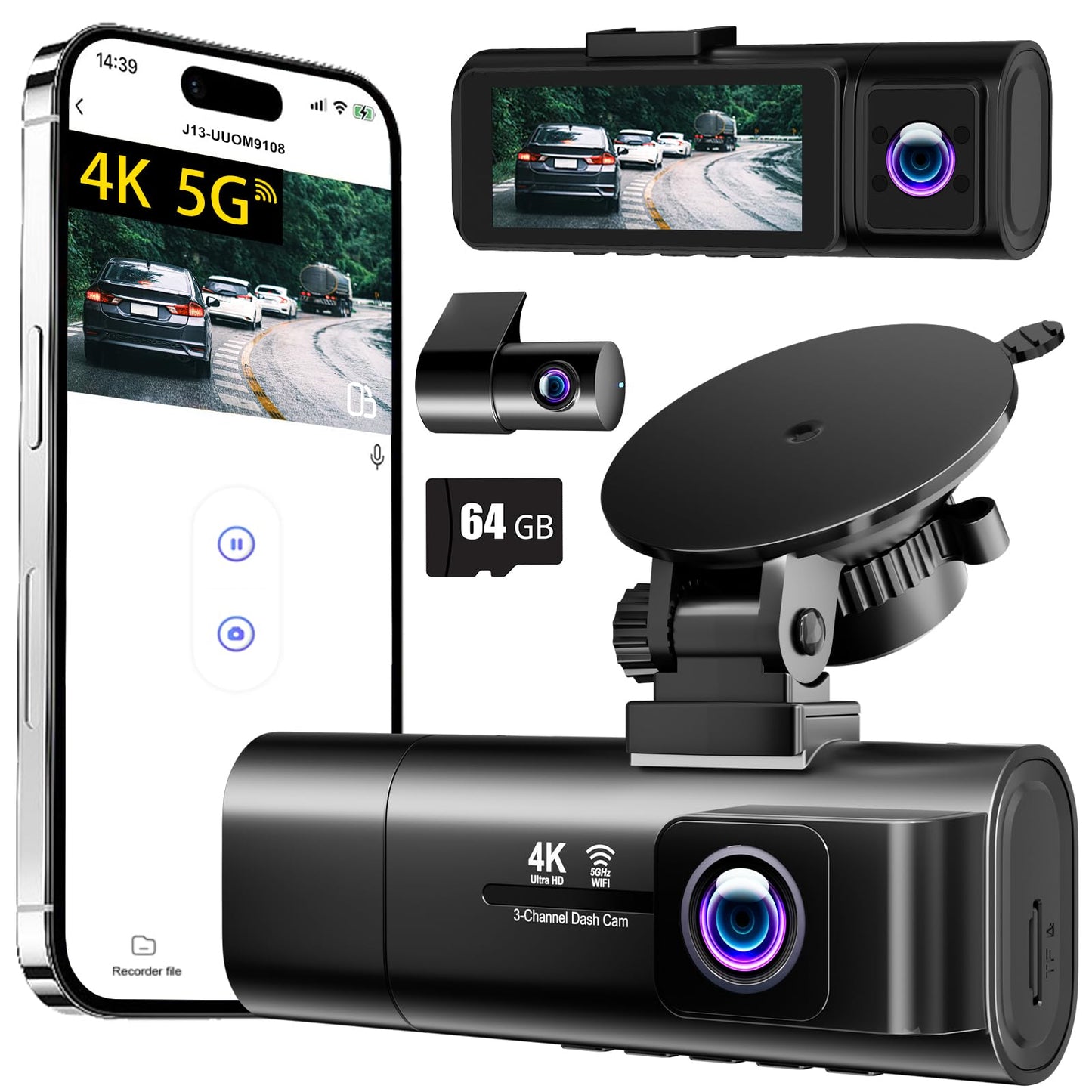TOOXYZ Dash Cam Front and Rear Inside,3 Channel Dash Cam for Car,5G WiFi,3.16" IPS,Free 64GB Card,4K+1080P+1080P Dash Camera,Loop Recording,G-Sensor,WDR,Night Vision,Time-Lapse, 24H Parking Monitor