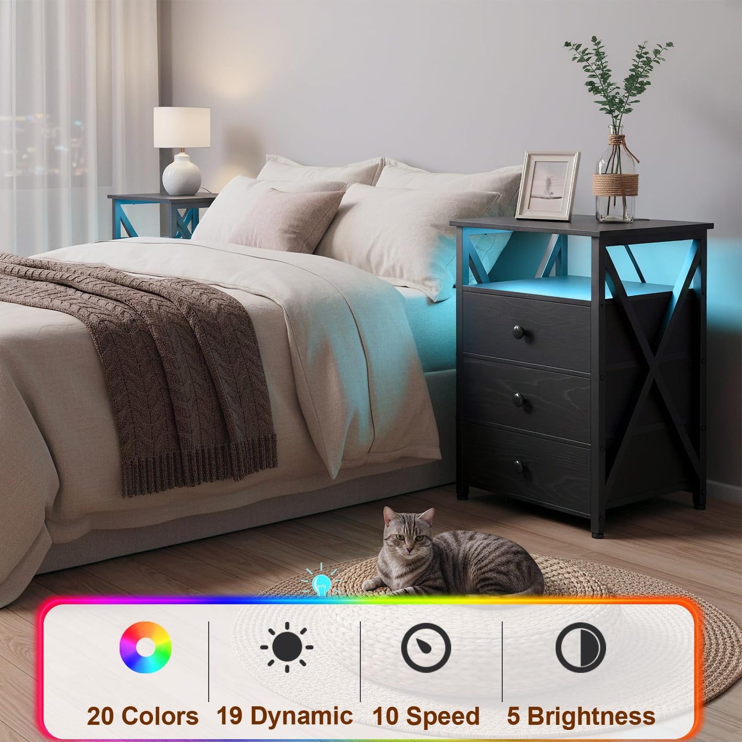 AMHANCIBLE LED Nightstand, End Side Table with Charging Station, Bedside Table with USB Port & Power Outlet, Modern Night Stand with Fabric Storage Drawers HET053LBK1