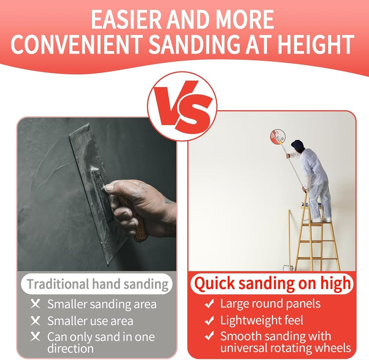 9" Drywall Sander with Extension Pole for Wall Cleaning and Polishing, 360 Circular Radial Sander + 25pcs Sanding Discs