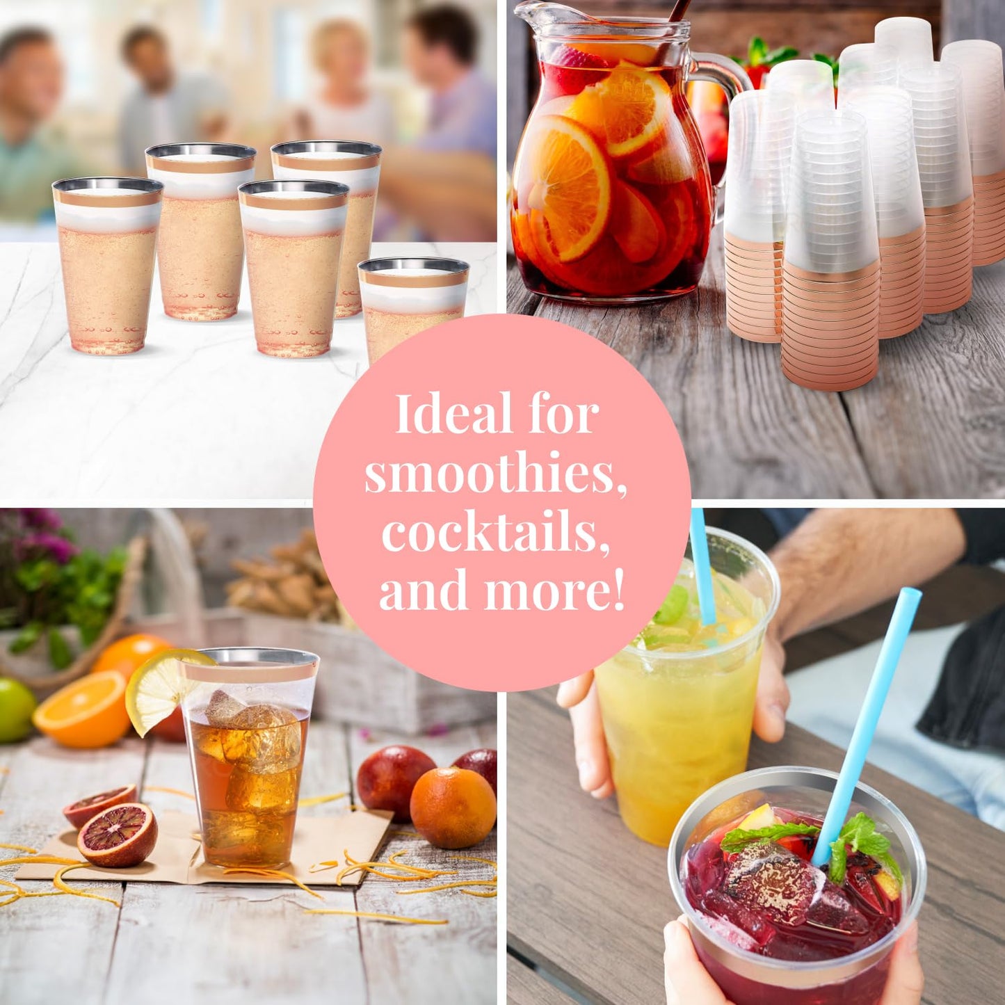 Rose Gold Plastic Cups - 14 oz, 50 Pack - Clear Disposable Party Tumblers with Rose Gold Rim - Elegant Wedding Drinkware - Bulk Plastic Cups