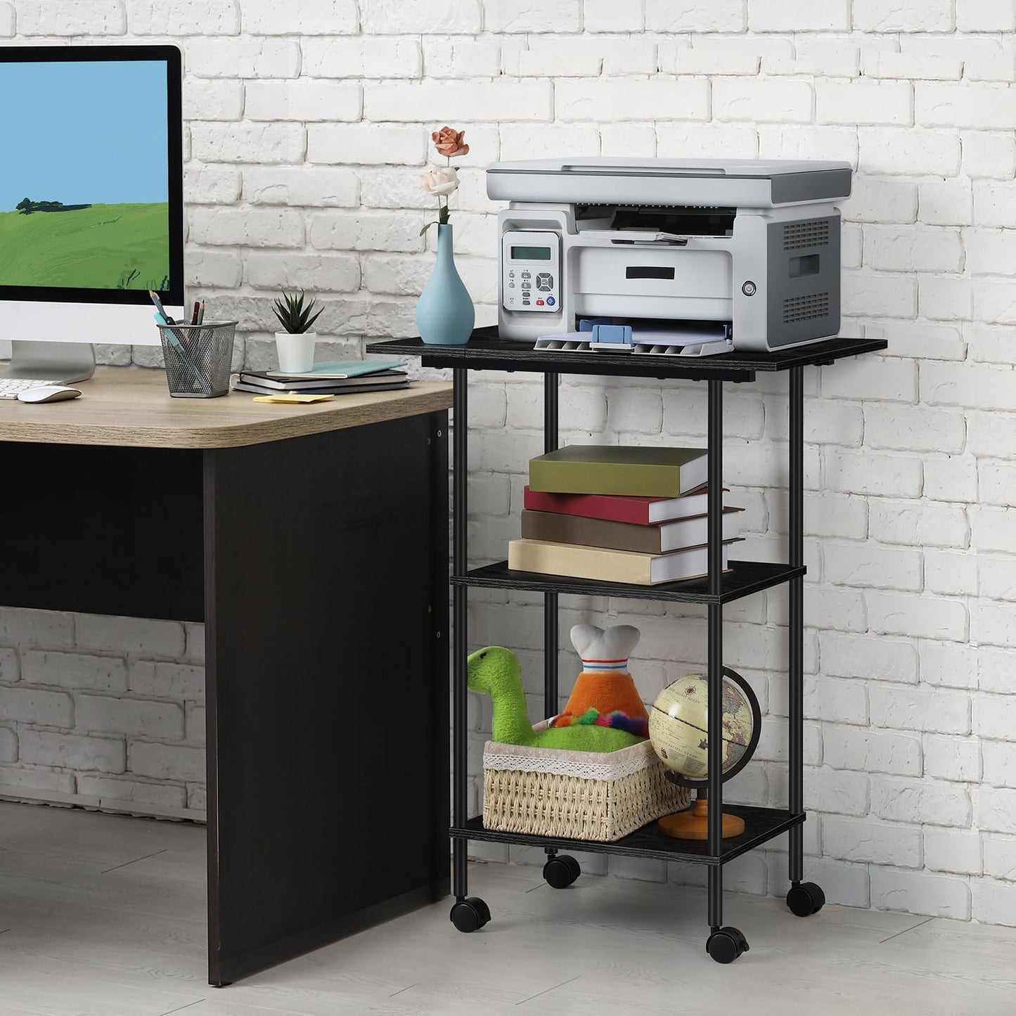 Shinoske Black Printer Stand with Storage,3 Tier Large Printer Table with Wheels for Home Office,Rolling Printer Cart with Storage Shelf,for Under Desk,Living Room,Kitchen