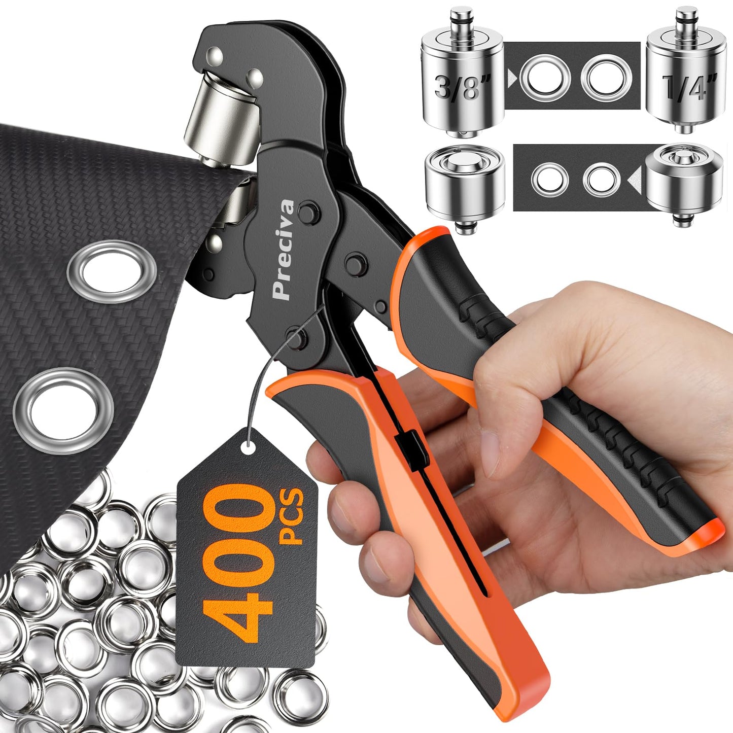 Preciva Grommet Tool Kit, Interchangeable Double Head Handheld Grommet Eyelet Plier Set for Advertising Poster, Banner, Portable Manual Puncher with 400pcs Silver Grommets of 3/8 Inch,1/4 Inch