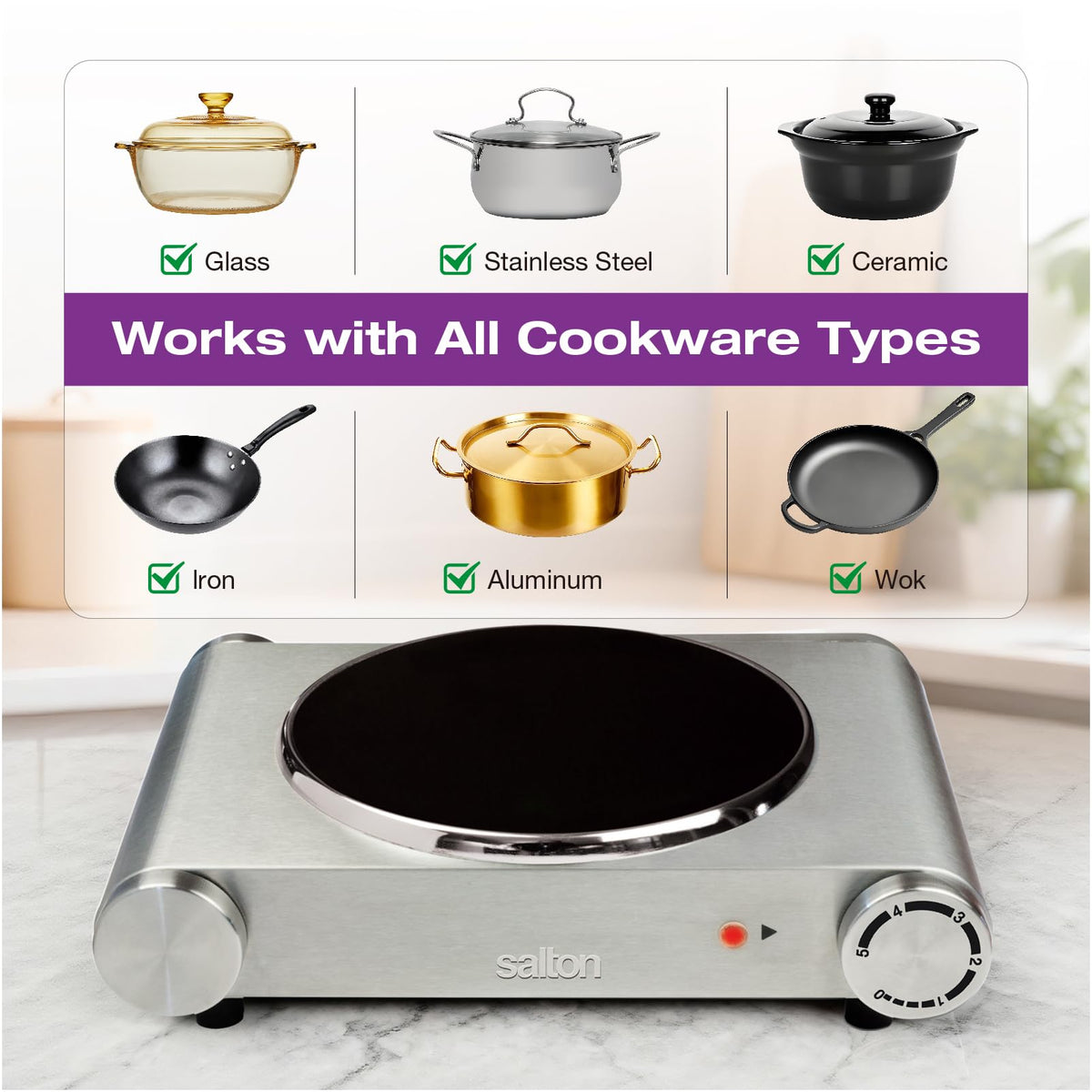 Salton Single Stainless Steel Infrared Portable Electric Cooktop with Large 7.4” Diameter Burner, Variable Tempertature Control and Indicator Light, Perfect for Entertaining, 1200 Watts (HP1502)