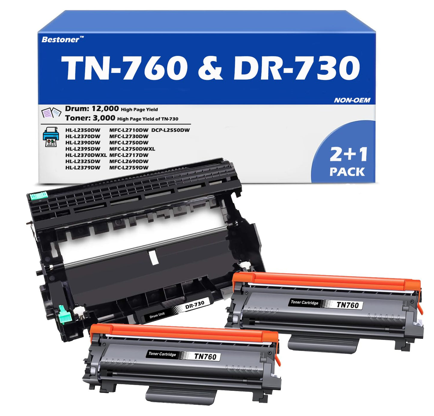 Compatible Replacement for DR730 Drum Unit DR-730 TN760 TN-760 TN-730 Toner Cartridge - DCP-L2550DW HL-L2350DW L2395DW L2390DW HL-L2370DW MFC-L2710DW MFC-L2750DW MFC-L2730DW (1 Drum & 2 Toner)
