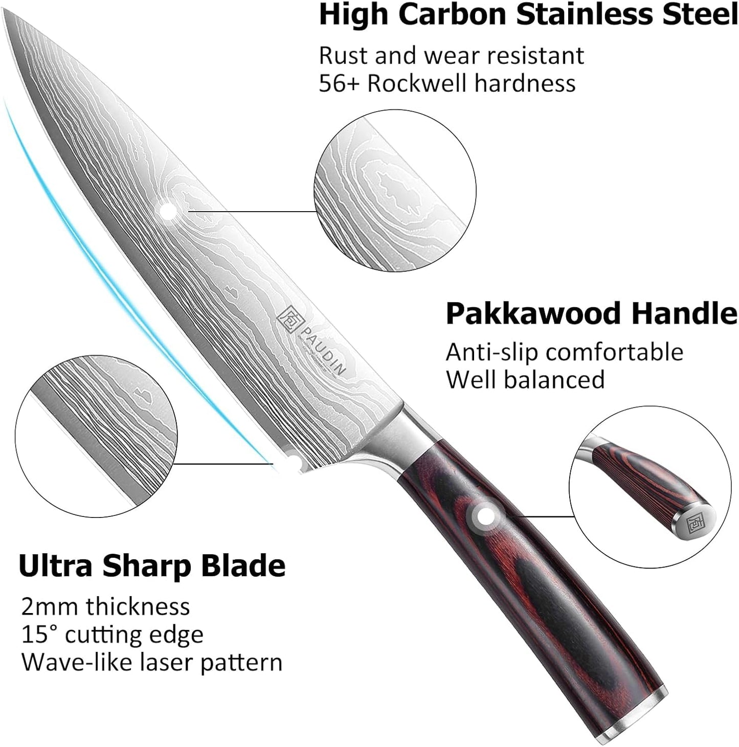 PAUDIN Kitchen Knife Set, Professional Knives Set, Chef Knife Set with Sharp High Carbon Stainless Steel Blade and Pakkawood Handle, Japanese Knife Set with Gift Box (3 PCS Knife Set)
