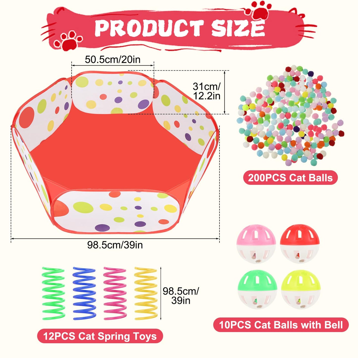 Cat Ball Pit Include 200 Pom Pom Balls 10 Jingle Balls and 12 PCS Cat Spring Toy for Indoor Bored Self Play Enrichment Toy for Indoor Cats Interactive Fun and Exercise