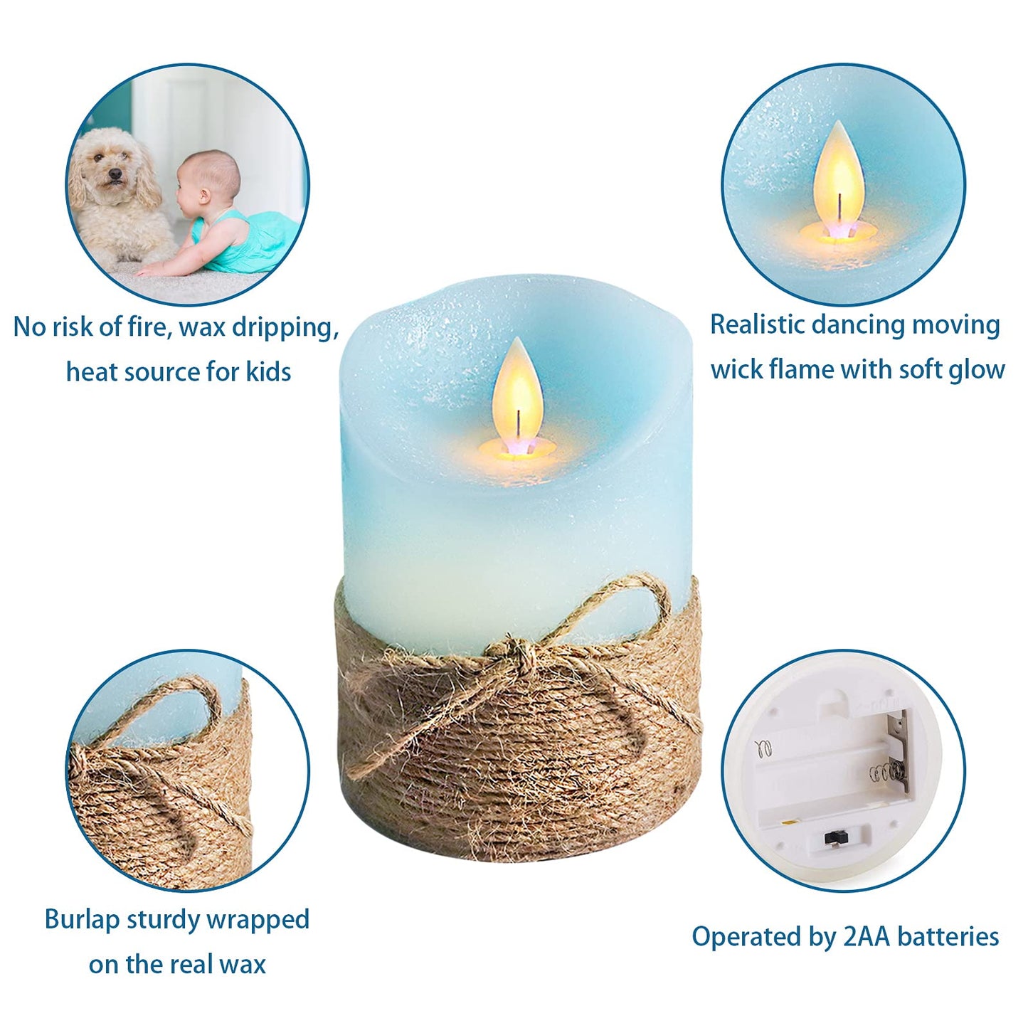 PETRISTRIKE Ocean Blue Flameless Candles, Nautical Themed Led Pillar Candles with Remote & Timer, Decorative Flickering Candles for Gifts, Party, Wedding, Home Decorations - Set of 3
