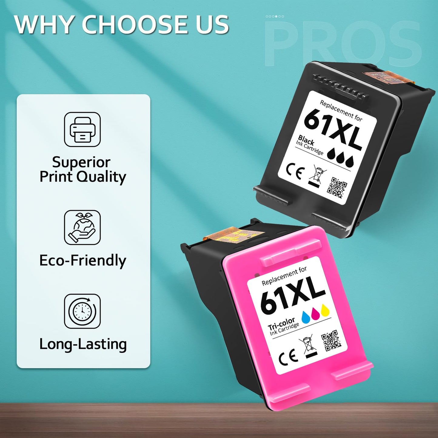 Printer Ink 61XL for HP 61 Ink Cartridge Combo Pack Replacement for HP Ink 61 Fit for HP Envy 5530 Ink Cartridge, for HP Envy 4500 4502 Officejet 4630 4635 Deskjet 1000 1010 1512 Printer(2 Pack)