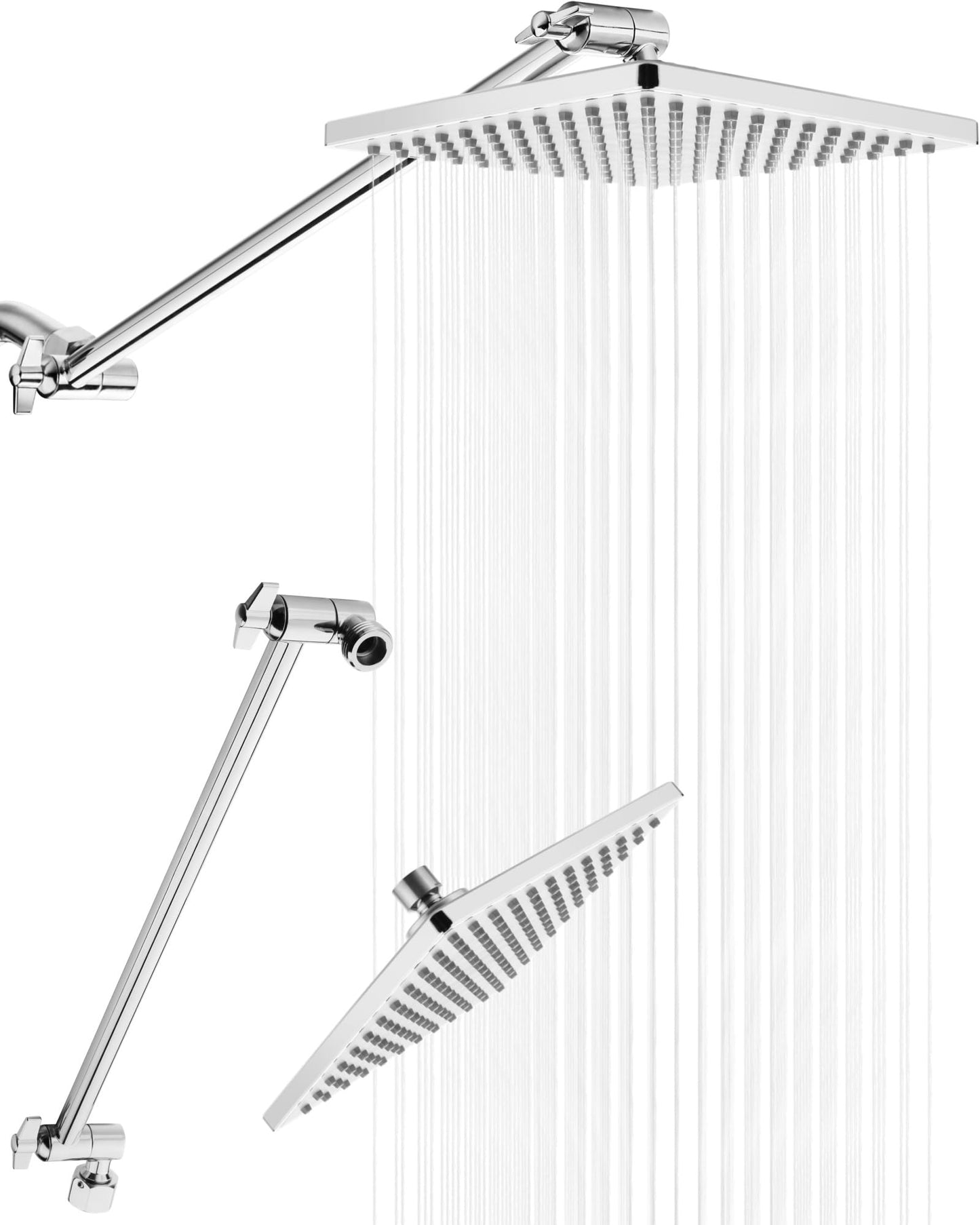 Rain Shower Head, 8'' High Pressure Rainfall Square Showerhead with 15'' Shower Head Extension Arm, 304 Stainless Steel Adjustable Shower Arm Extender, Rainfall Waterfall Fixed Showerheads, Chrome