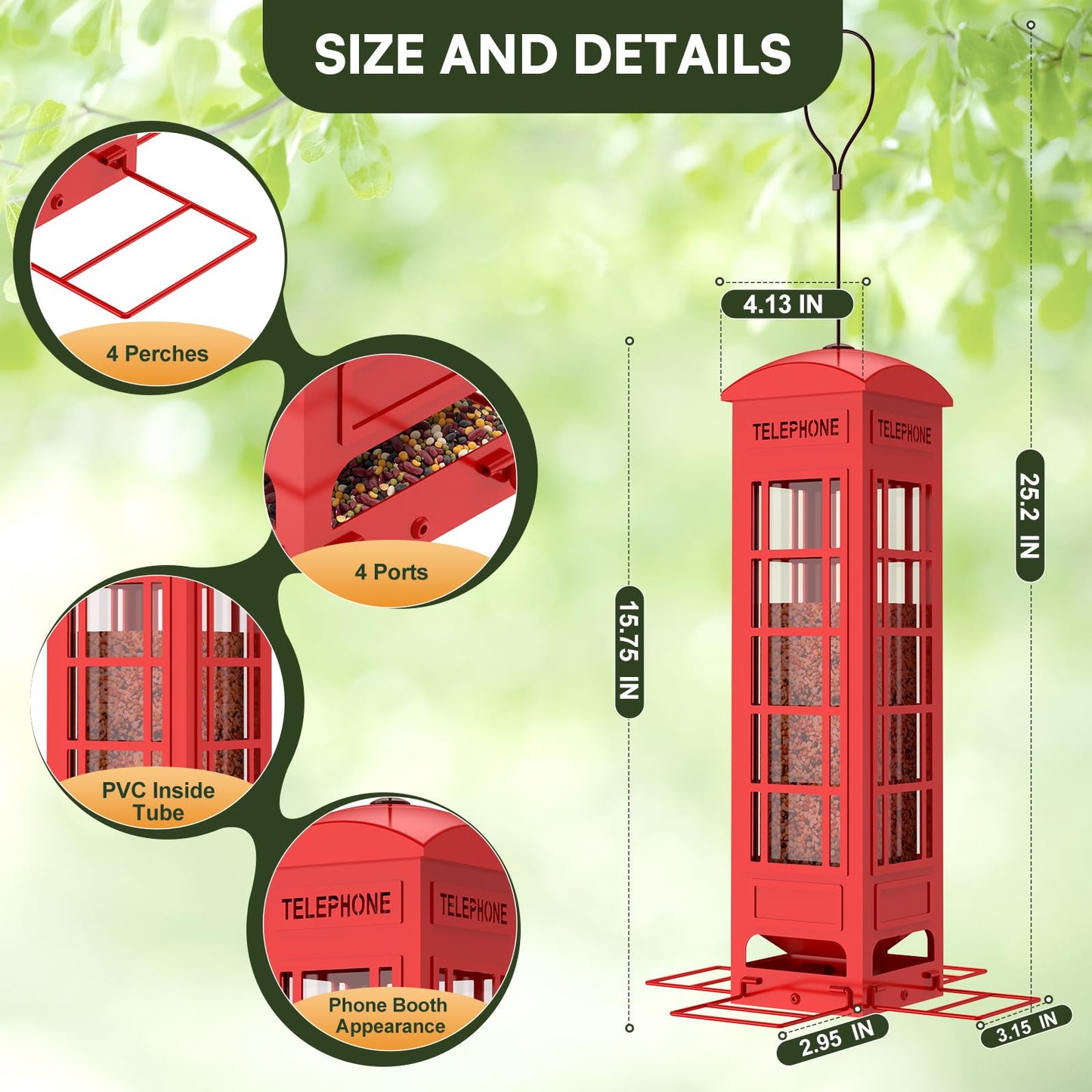 Squirrel Proof Bird Feeder, Metal Bird Feeders for Outdoors Hanging, 3LB Capacity, Gravity Protection Squirrel-Proof Heavy Duty Wild Birdfeeder for Finch Cardinal Chickadee (Red)