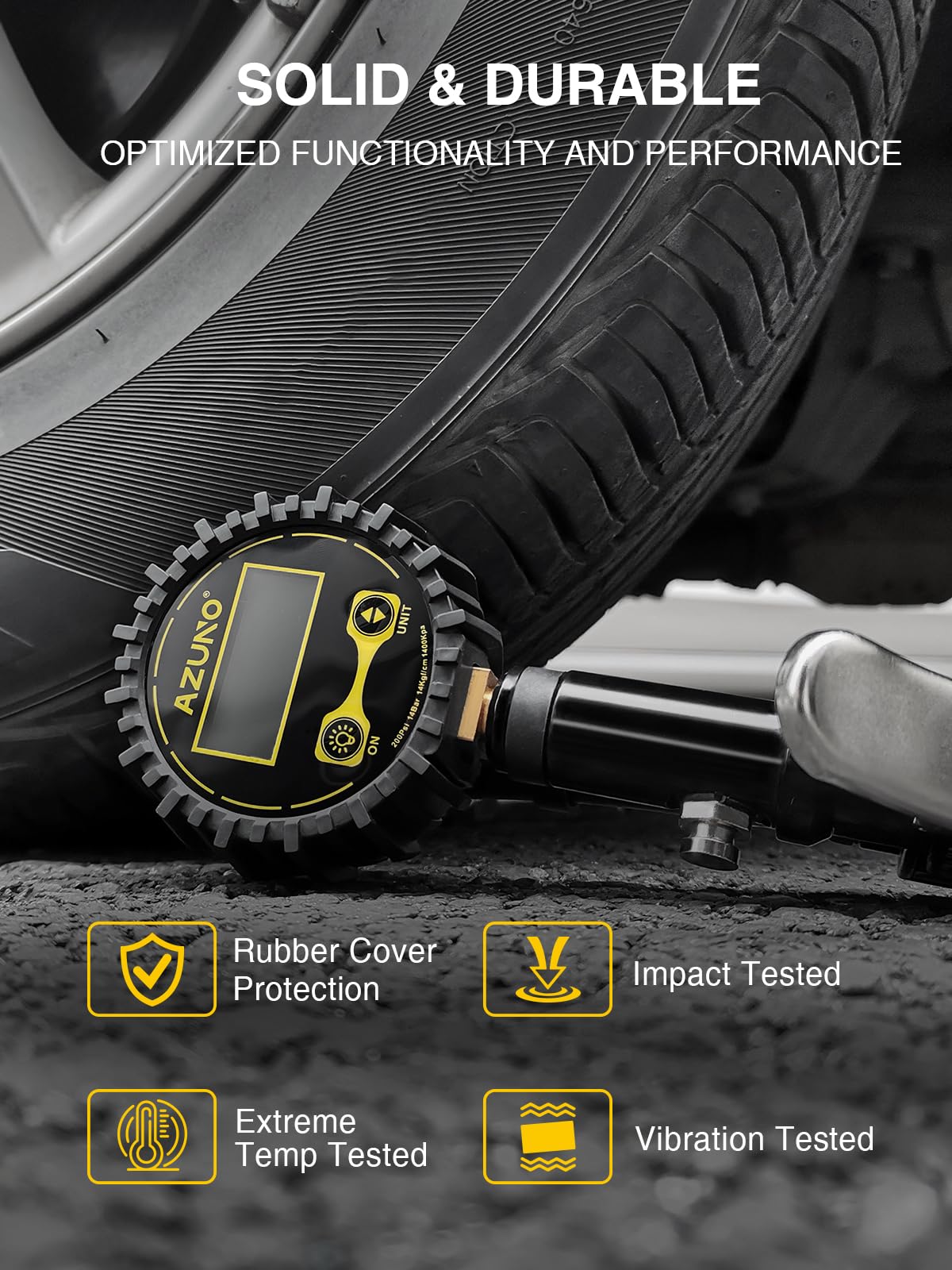AZUNO Digital Tire Inflator with Pressure Gauge, 200 PSI, Heavy Duty Air Compressor Accessories, w/Rubber Hose Lock on Air Chuck and Quick Connect Coupler (with Case)