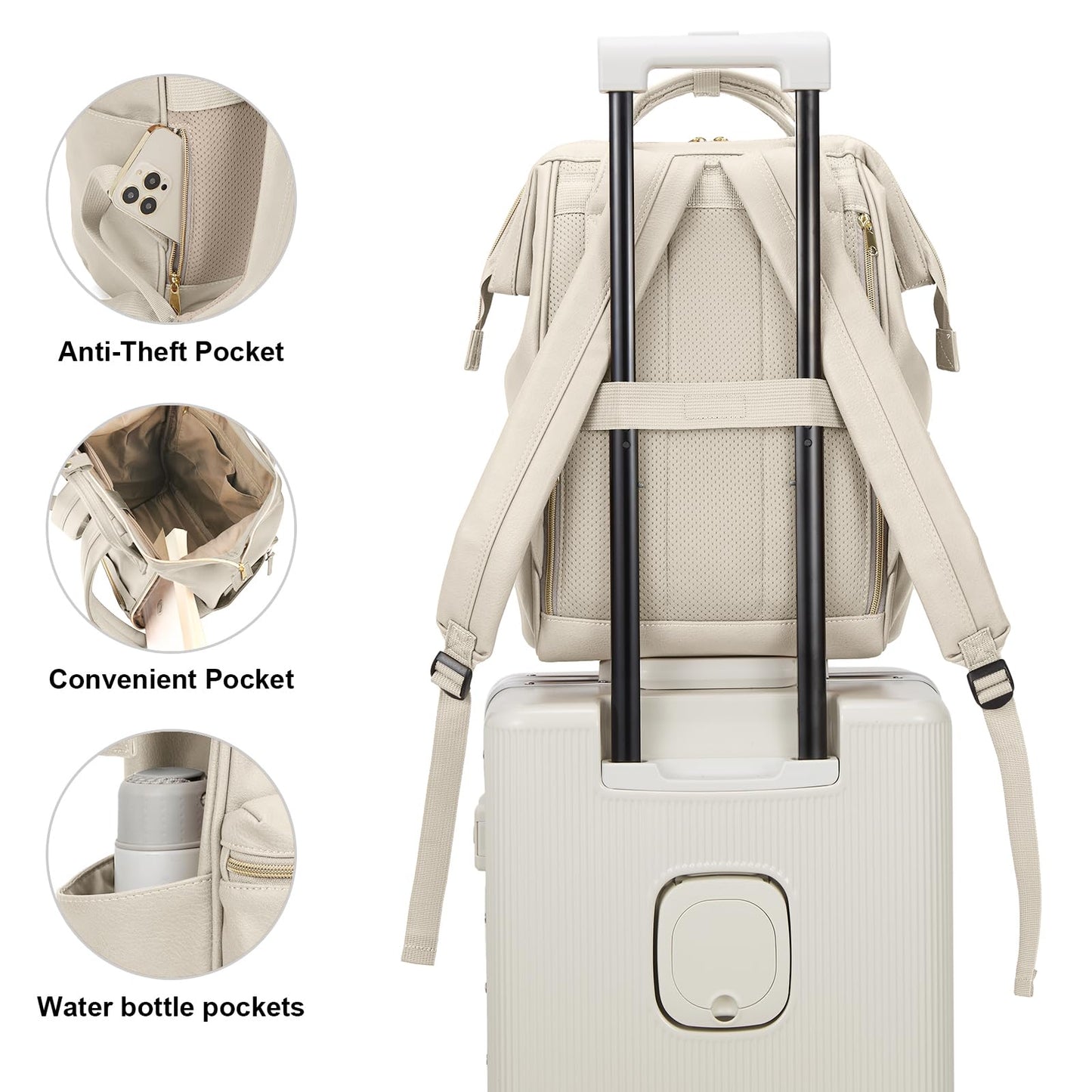 Kah&Kee Leather Laptop Backpack for Women, 15.6-16 Inch Professional Work Bag, Water-Resistant Vegan Leather Doctor Bag Backpack for Teacher, Nurse & Travel, Fits MacBook Pro 16 (Ivory,Large)