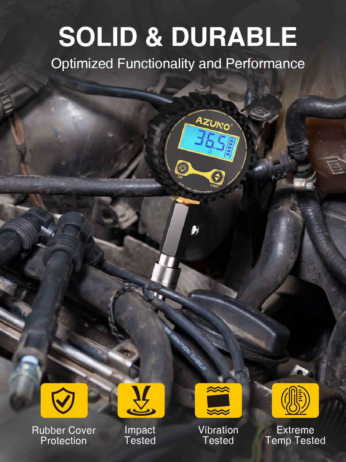 AZUNO Digital Compression Gauge 200 PSI for Petrol Engine Cylinder Compression Tester Kit with Adapter & Hose