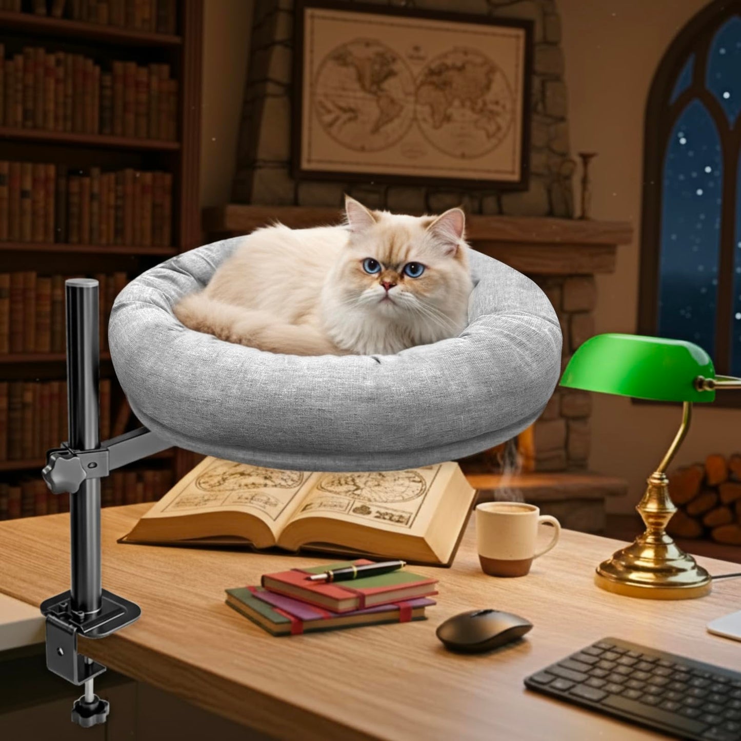 Homegroove Cat Desk Bed, Cat Bed for Desk with 360° Rotation & Height Adjustable, Cat Desk Perch with Soft Cushion, Sturdy Steel Frame, Supports Up to 40 lbs, Easy Installation (Grey)