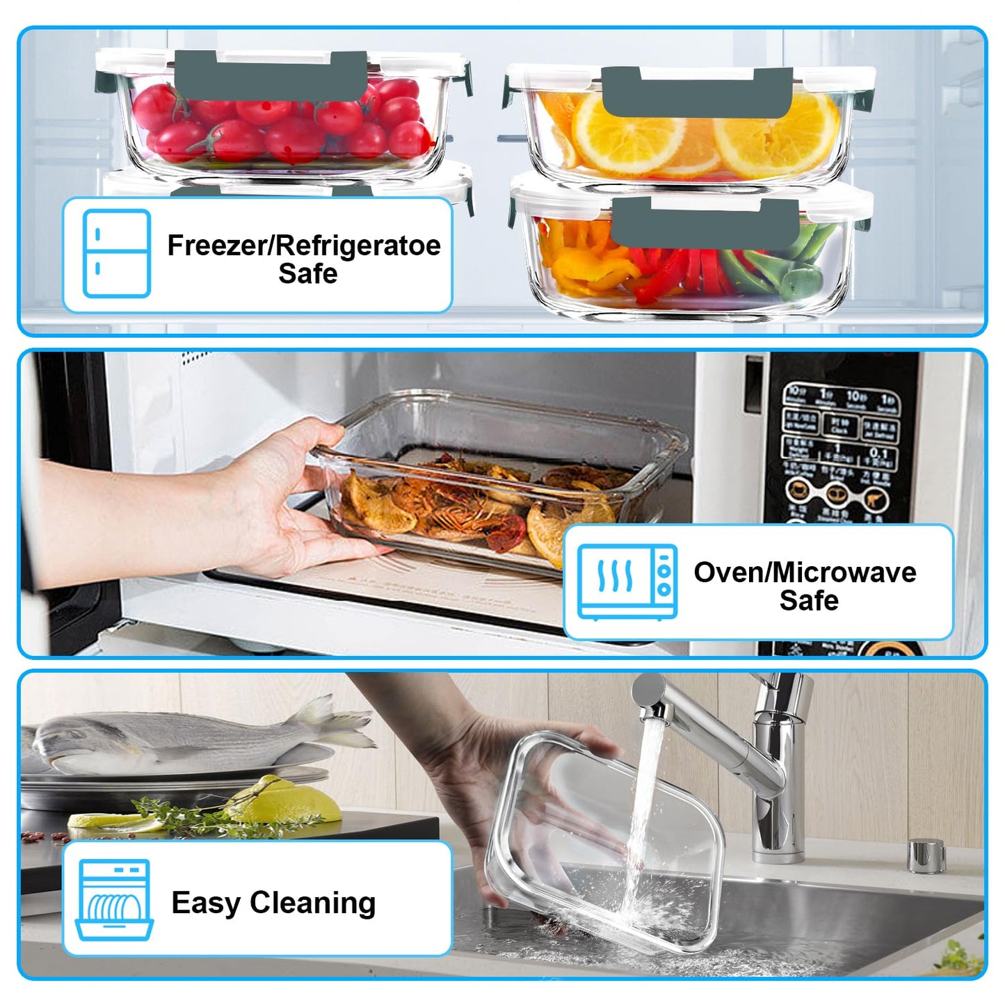 VERONES 5 Pack 36 OZ Glass Meal Prep Containers, Airtight Glass Lunch Containers Set, Glass Food Storage Containers with Lids,Exclusive of BPA, for Microwave, Oven, Freezer & Dishwasher Friendly,Grey