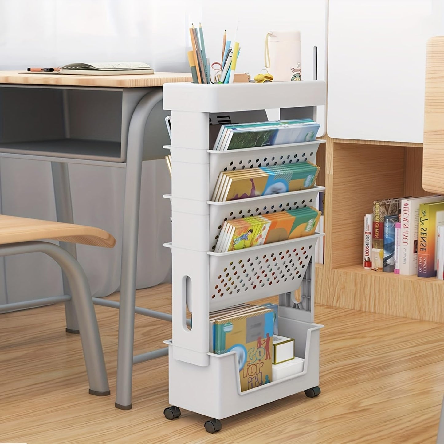 Rolling Bookshelf Cart, 5 Tier Multi-Functional Movable Book Cart, Mobile Bookshelf on Wheels with Pen Holder for Office, Dorm, Classroom, Kitchen