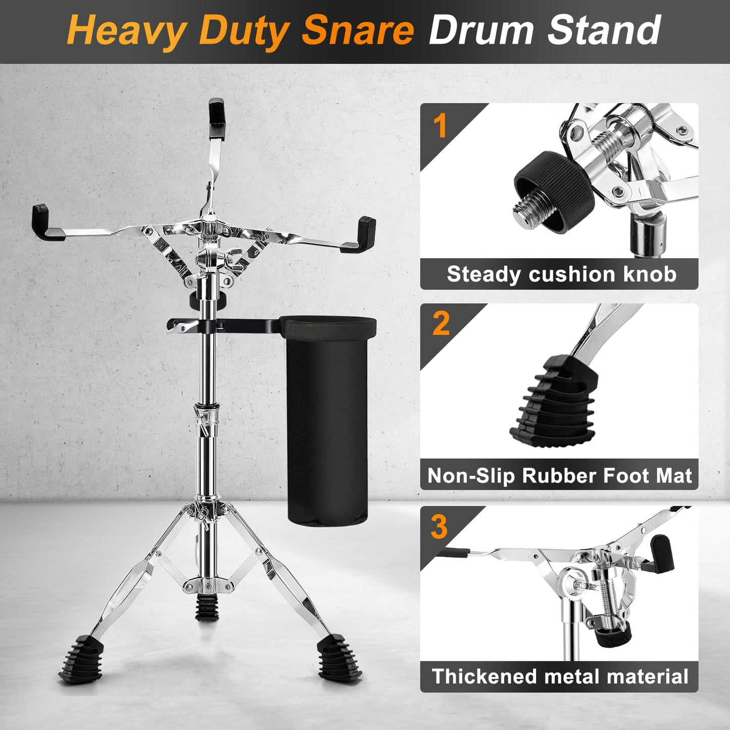 Snare Drum Stand with Drum Sticks Holder,Tall Drum Pad Stand Adjustable Height 14.5 to 22 Inches Accessories Arm Kit Tripod Snare Stand for Drum Set Fit for 14 to 10 Inch Lightweight Drum Practice Pad