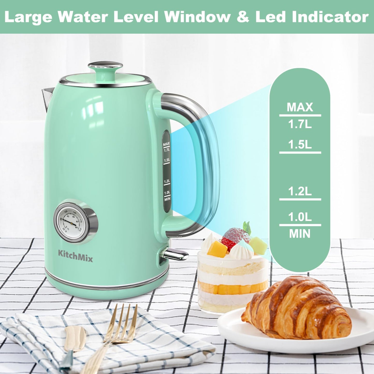 KitchMix Electric Kettle,1.7L Stainless Steel Tea Kettle with Thermometer,1500W Cordless Water Boiler with LED Indicator - Light Green