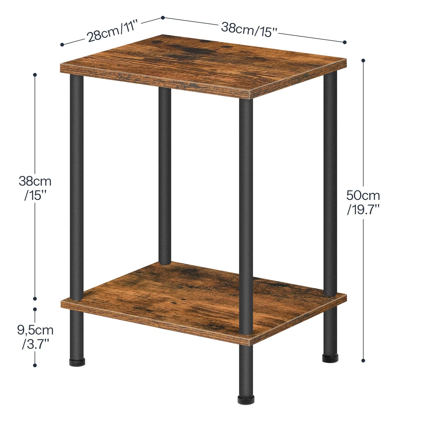 HOOBRO End Table, Nightstand with 2-Layer Storage Shelves, Side Table for Small Spaces, Living Room, Entryway, Farmhouse Industrial Style, Stable Frame, Easy Assembly, Rustic Brown, Black BF09BZ01