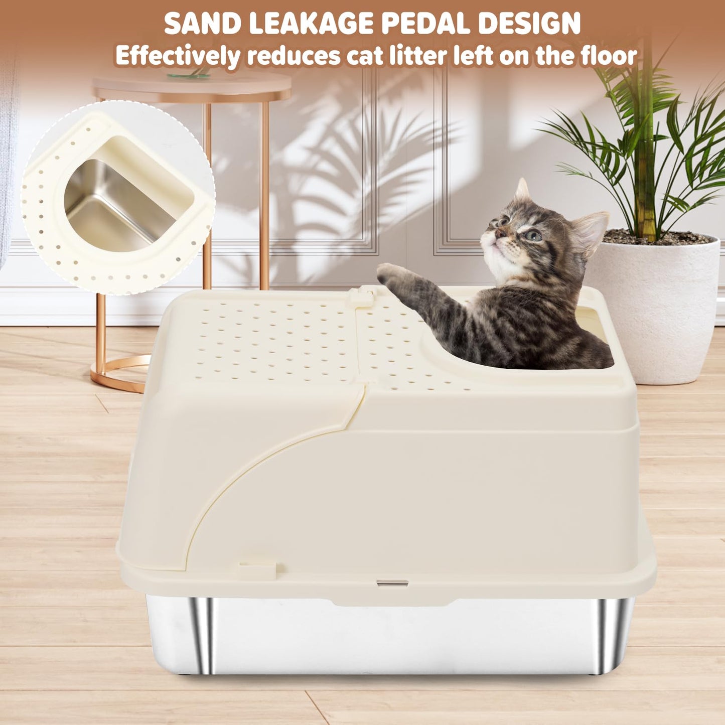 Stainless Steel Cat Litter Box with Lid, XXL Large Enclosed High Sided Litter Box with Removable Lid, Easy Cleaning, Anti-Urine Leakage for Big Cats White
