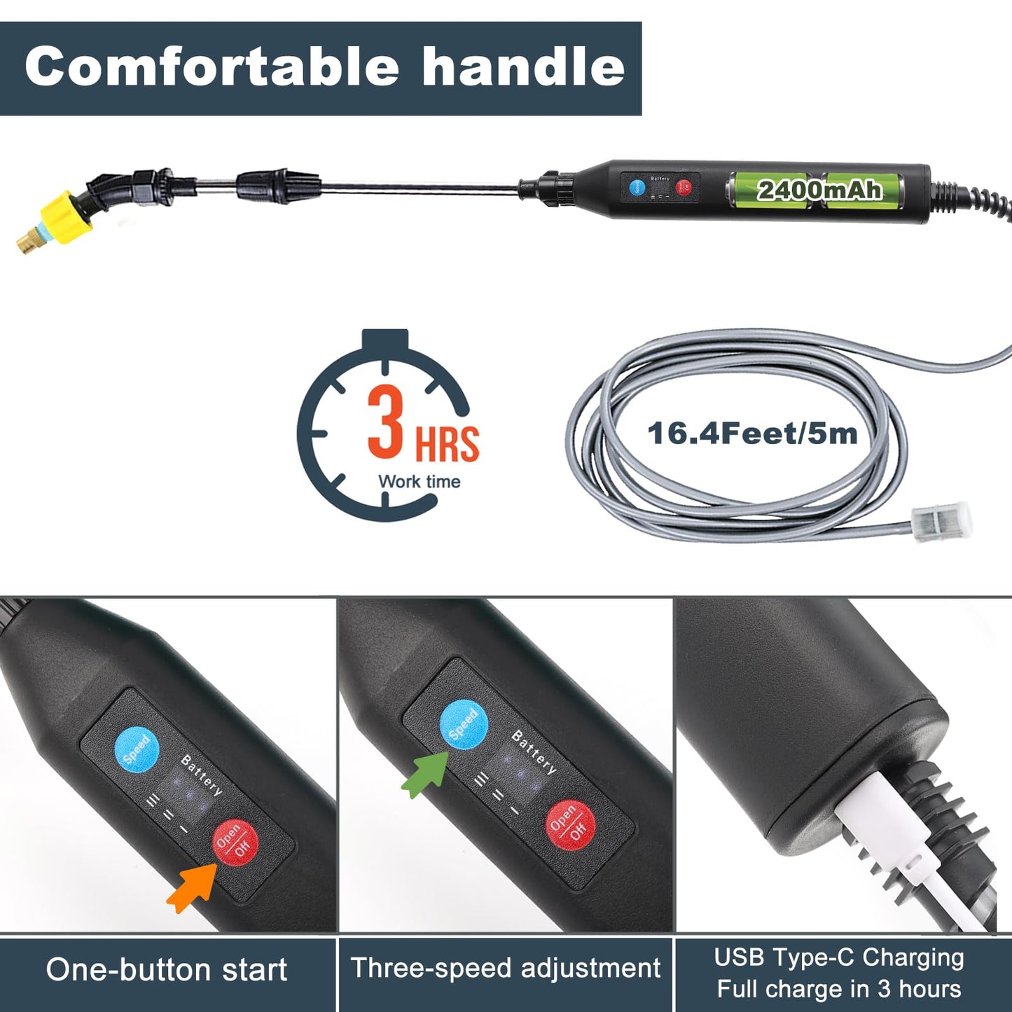 Battery Powered Spray Wand, Electric Sprayer with Power Display, 5 Nozzles and 16.4FT/5M Hoses, Power Display Handle, 32 Inch Telescopic Wand, Multipurpose Plant Sprayer for Yard Lawn Weed Plants