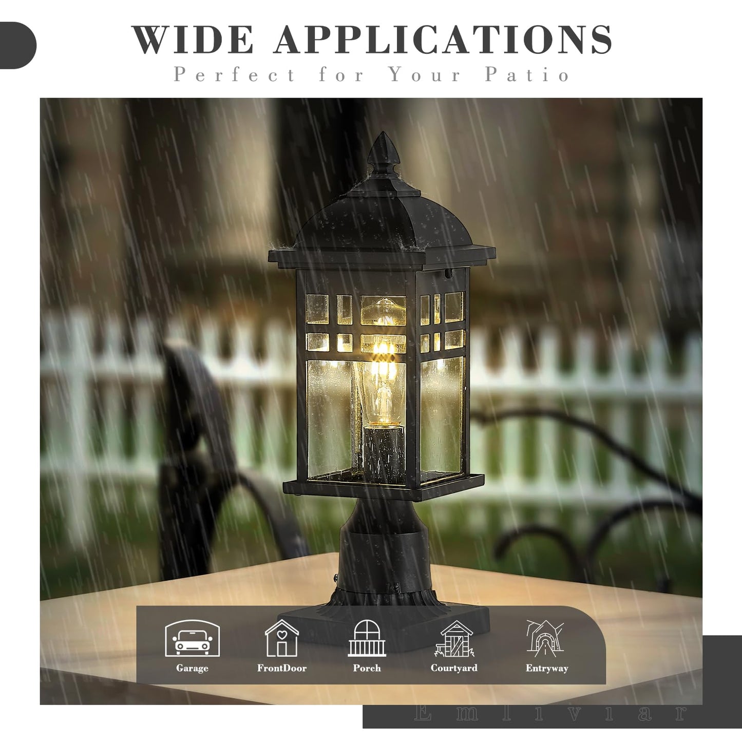 EMLIVIAR Farmhouse Outdoor Post Light for Fence, 1-Light Exterior Post Lamp for Patio Porch with Seeded Glass, 16" Height in Black Finish, DE279P BK