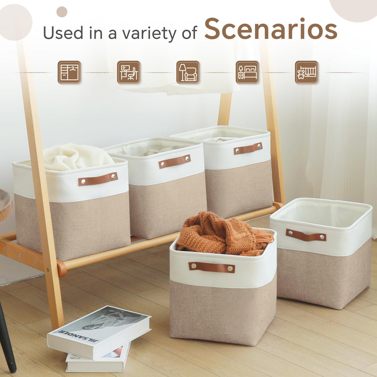 FinishingBo Cube Storage Baskets 6 Pack, 11x11 inch Foldable Cube Storage Bins with Leather Handles for Shelf Closet (White/ Khaki-6 Pack)