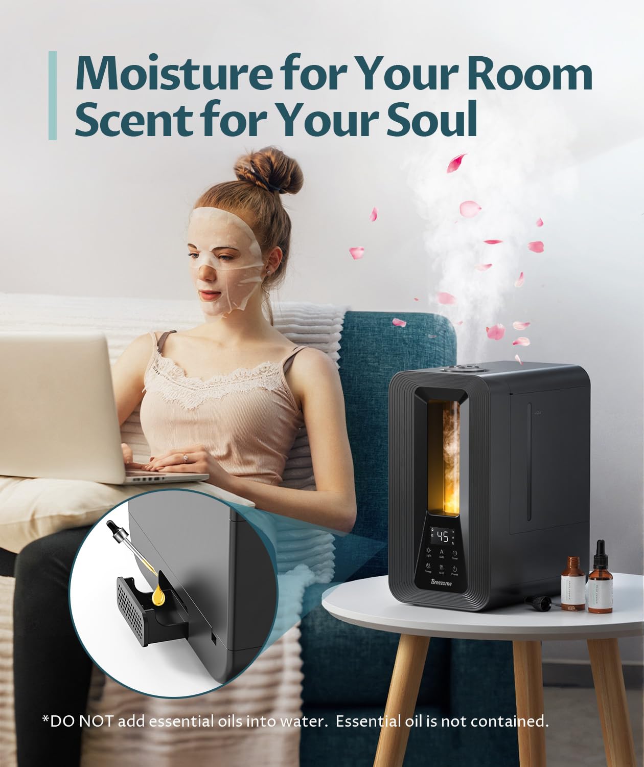 BREEZOME Humidifiers for Bedroom, 5L Top Fill Cool Mist Humidifier with Aroma Diffuser, Humidistat, Night Light, 50H Runtime, Quiet Ultrasonic Humidifiers for Home Large Room, Plants, Baby Nursery