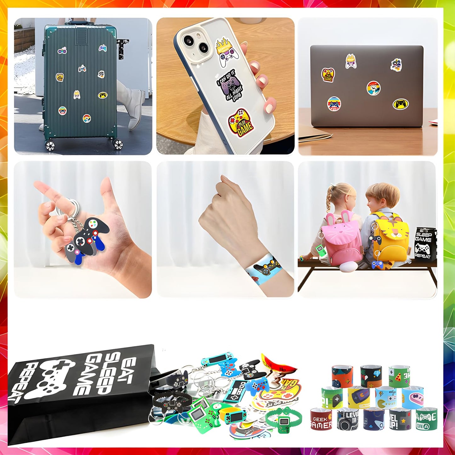 24 sets of Video Game Party Favors, 220 Pcs Gamer party Favors - Gaming Birthday Goodie Bags Included Gift Bags, Game Keychain, Slap Bracelet, Stickers, Ring, Hand Strap for Gaming Kids