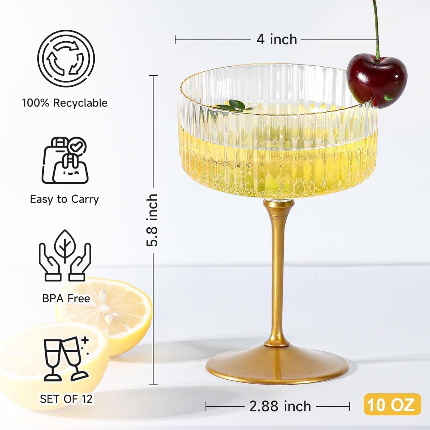 12 Pcs Gold Plastic Ribbed Coupe Glasses with Gold Rims 10oz Espresso Martini Glasses Disposable Champagne Coupe Cocktail Glasses Vintage Margarita Glassware for New Year’s Wedding Eve Bridal Shower