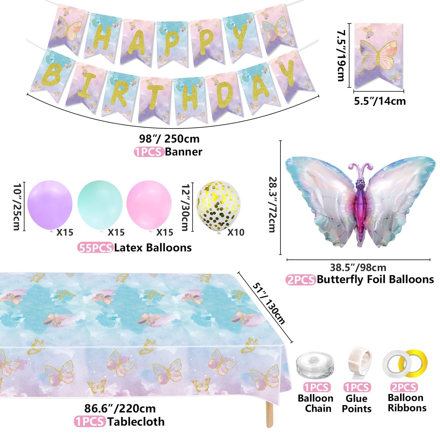 196 Pcs Butterfly Party Decorations - Including Plates, Tablecloth, Balloons, Banner, Butterfly Stickers, Cups, Fairy Wing Set for Princess Fairy Birthday Decorations, Fairy Party Supplies