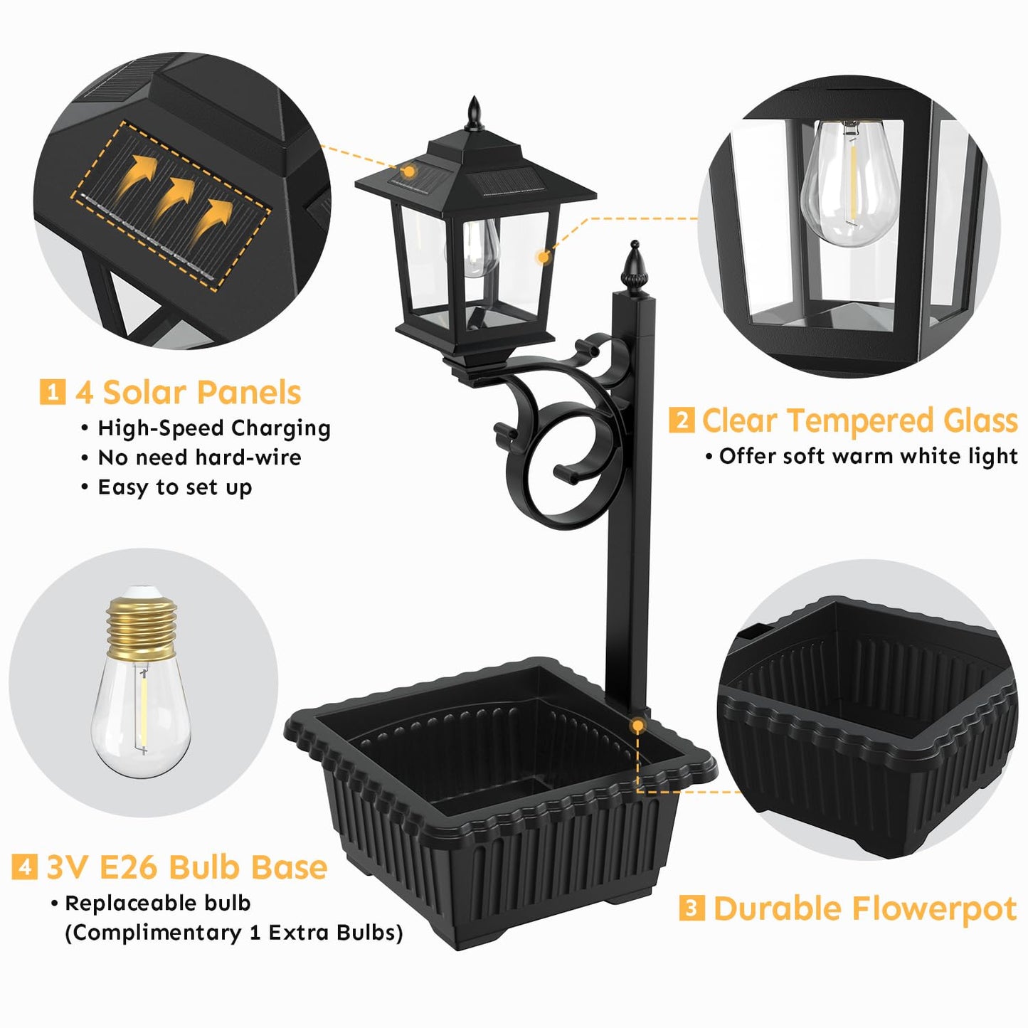 2 in 1 Solar Lamp Post Light with Planter, Outdoor Flower Pots, Solar Post Lights Waterproof, Led Planters Pots, Outdoor Lamps for Patio, Front Porch Decor, Warm White, Replaceable Bulb