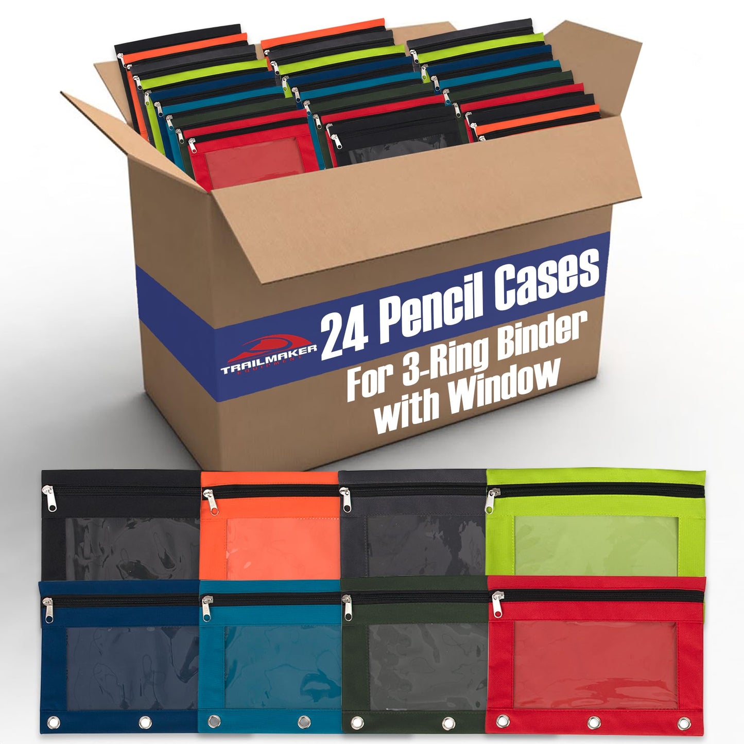 Big 3 Ring Pencil Pouch with Clear See Through Window - Bulk Pack Bundles